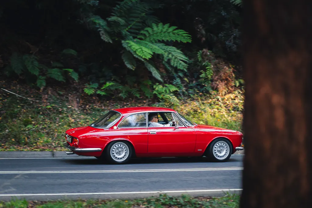 Red vintage sedan with driver traveling on a road lined with dense green foliage and ferns.