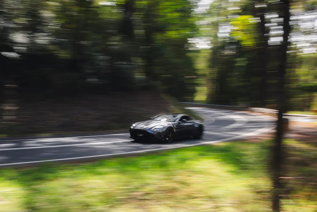 Dark sports car driving on a tree-lined road with motion blur surrounding the vehicle.