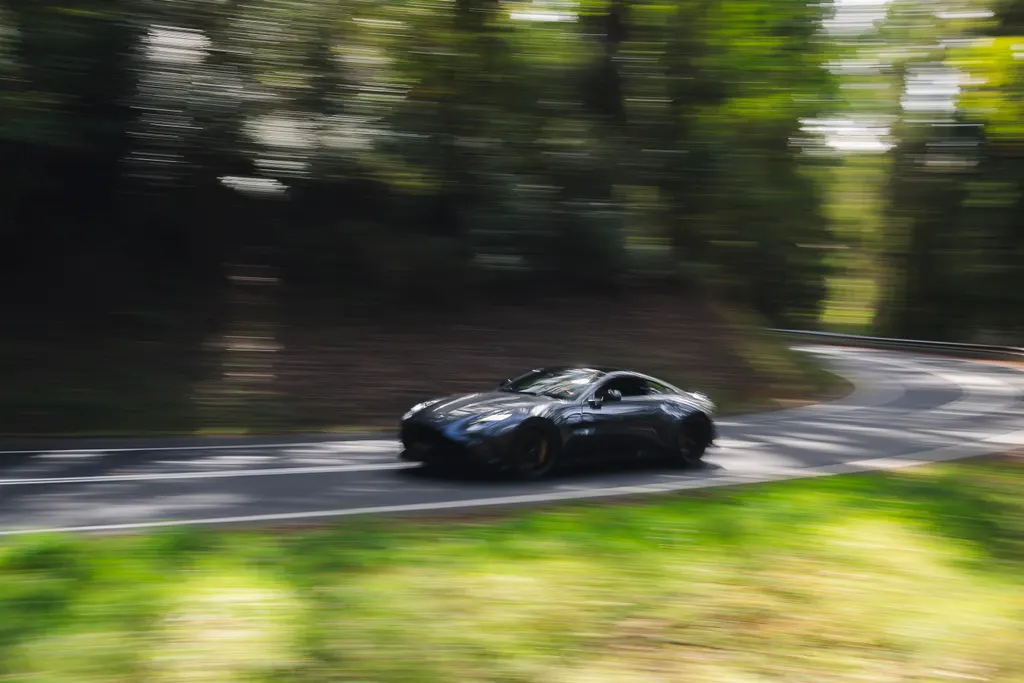A dark-colored sports car drives along a tree-lined road with motion blur in the background and foreground.