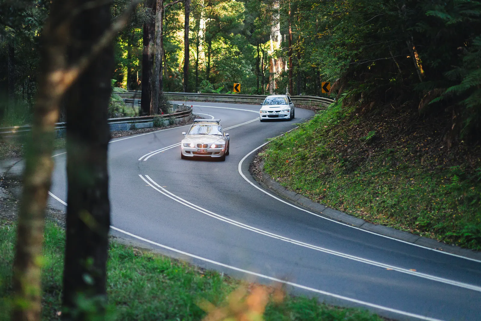 Two cars navigate a winding forest road with protective barriers and curve warning signs.