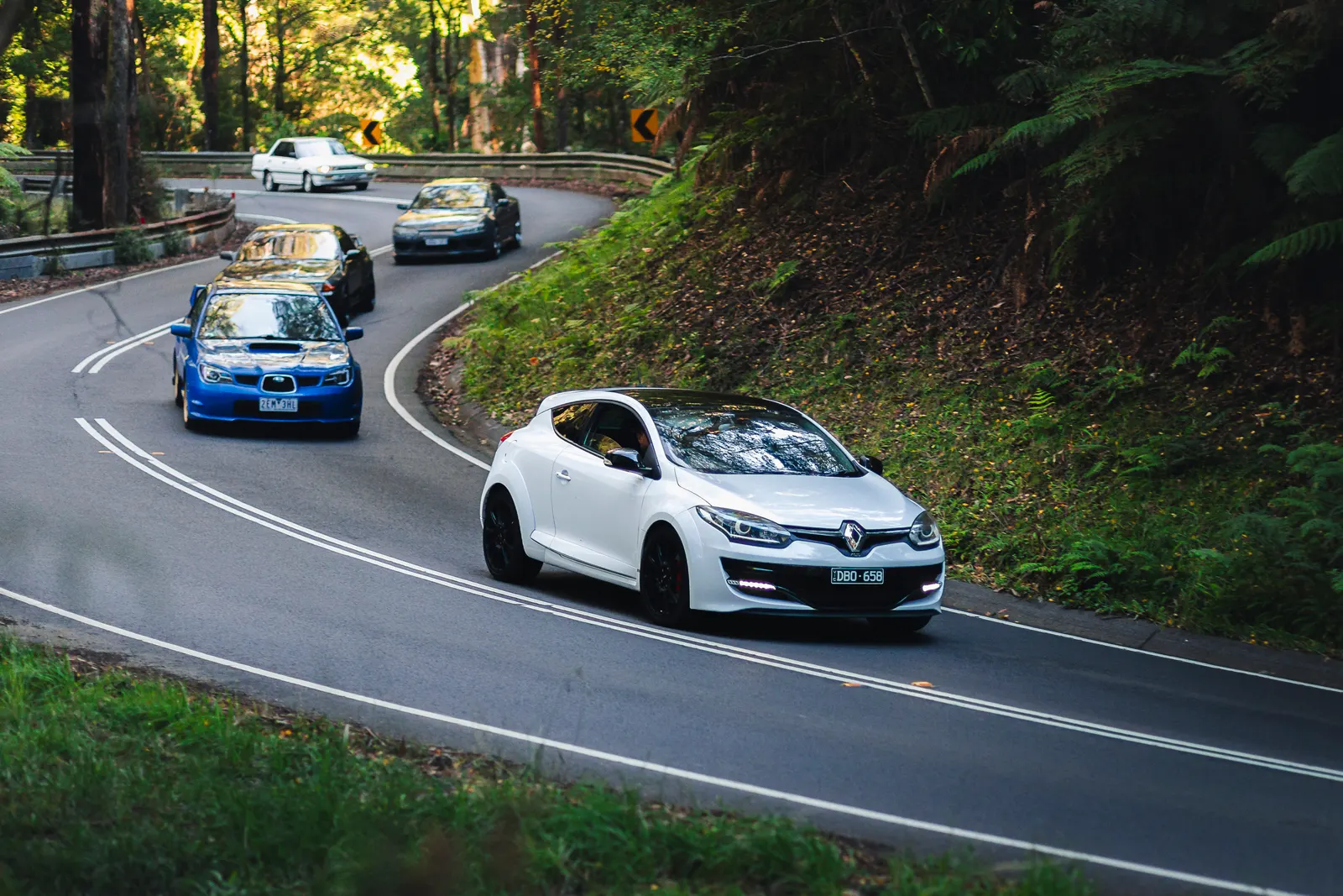 A white sports coupe leads a convoy of performance cars through a forested mountain road with tight curves and dense green vegetation on both sides.