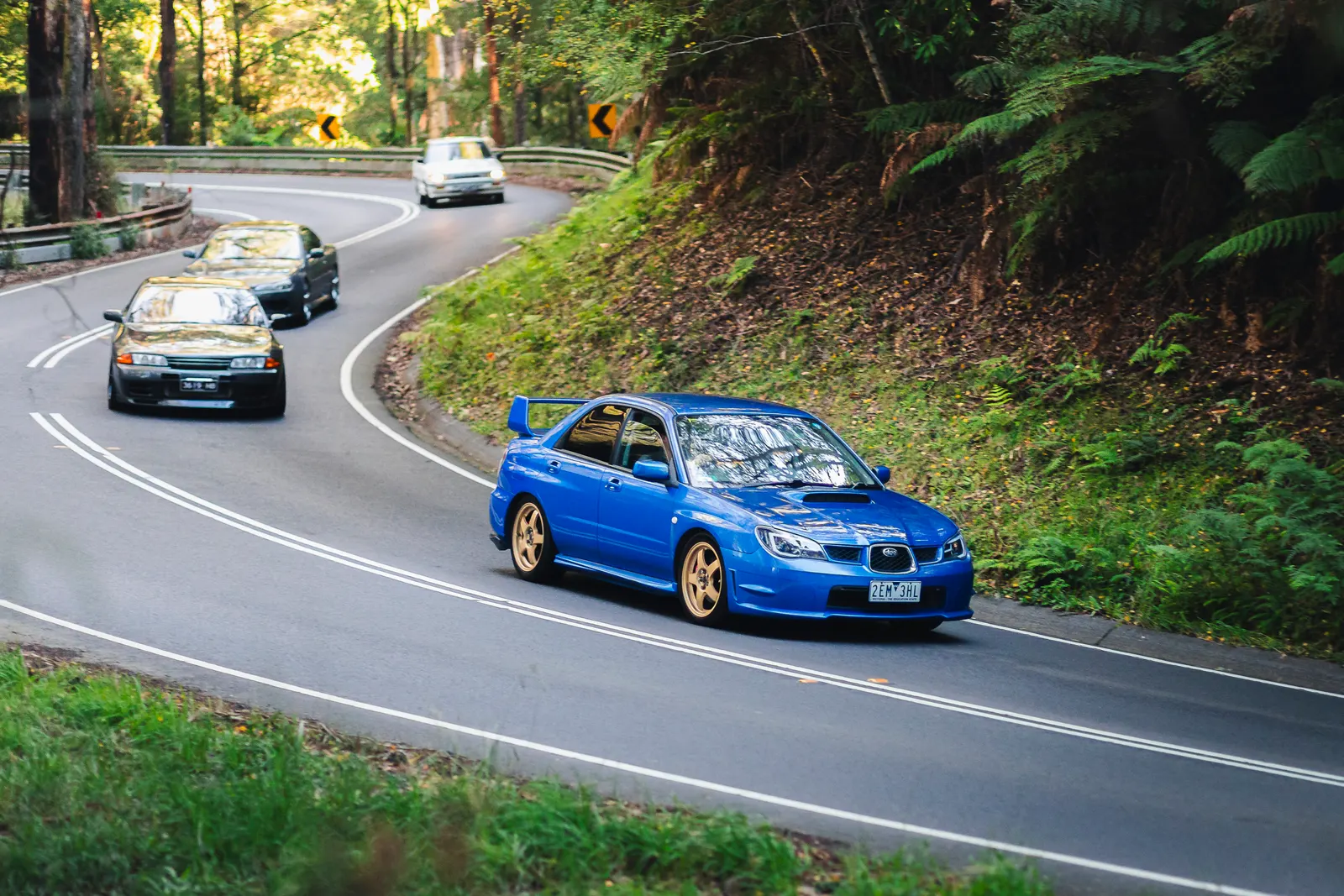 Blue sedan with gold wheels leads a convoy of vehicles through a forested mountain road with tight curves.