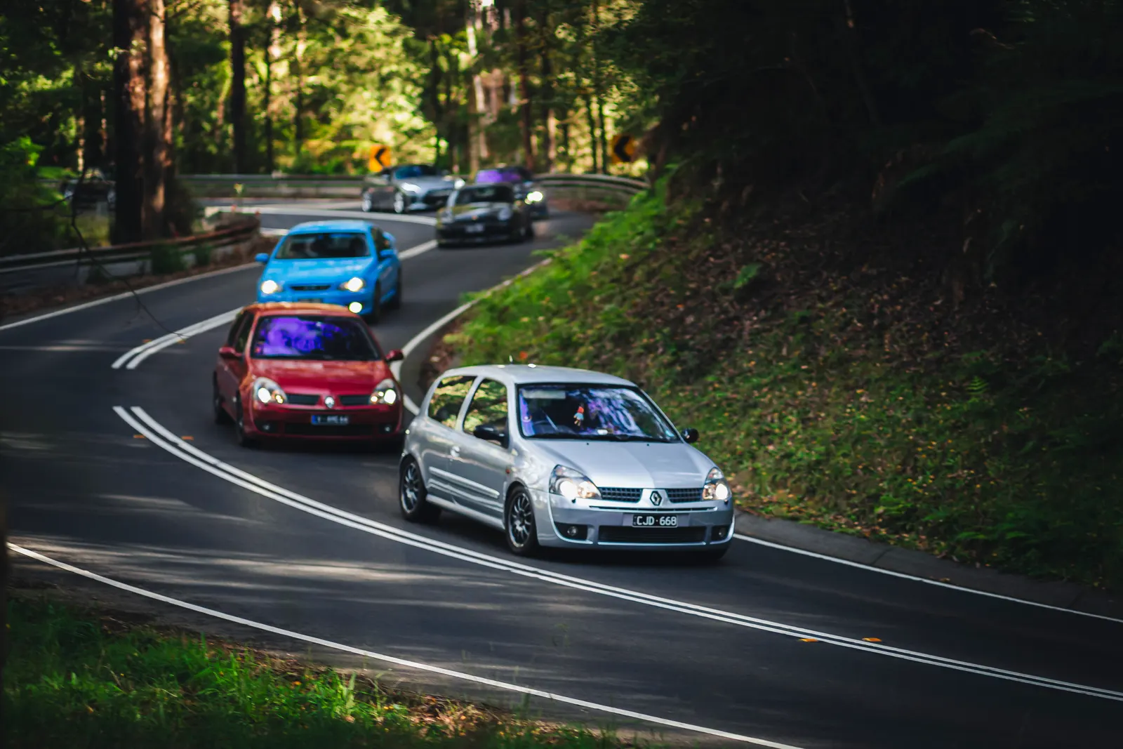 A silver Volkswagen Golf leads a convoy of compact cars through a forested road with lush green vegetation on both sides.