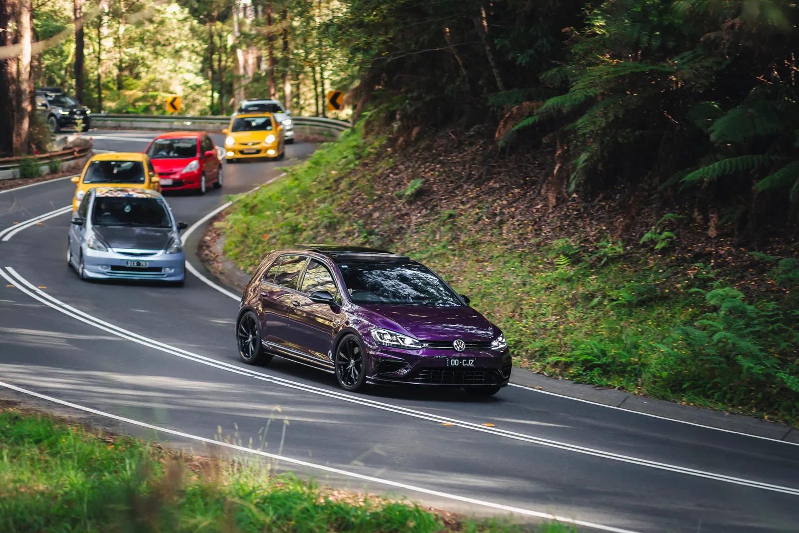 A purple Volkswagen Golf leads a convoy of cars through a tree-lined mountain road with dense forest vegetation on both sides.